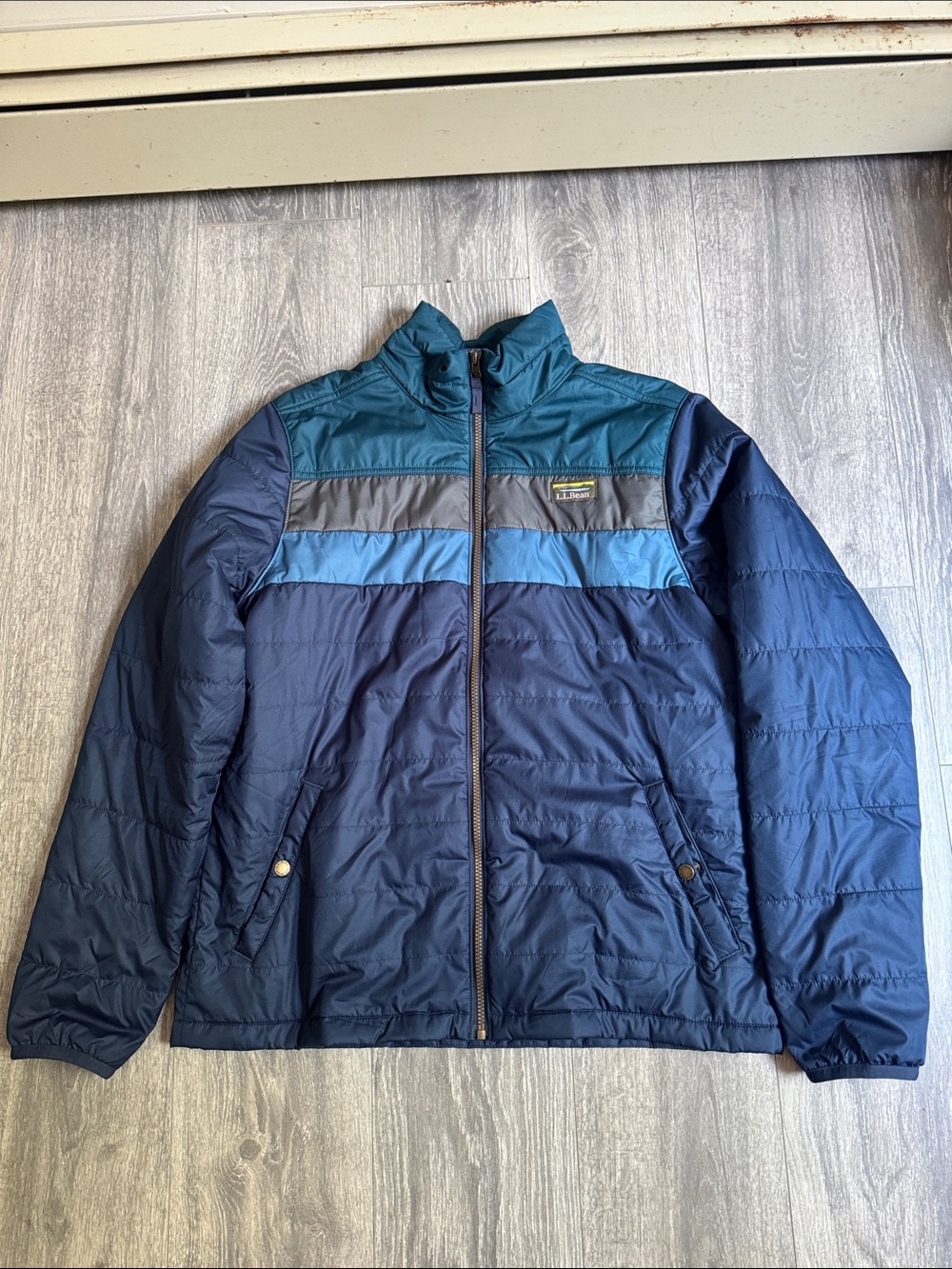 L.L. Bean Men's Navy Puffer Jacket with Teal and Light Blue Chest Panels
